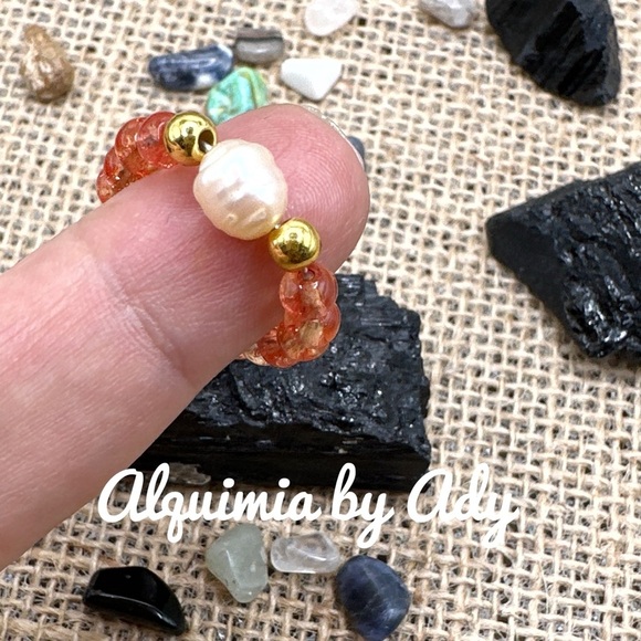 Freshwater ring band pearl cherry quartz beaded handmade ring bohemian - Picture 2 of 3